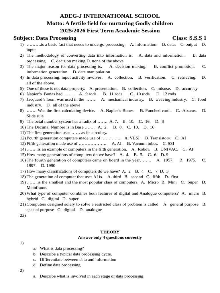 S.S.School 1 First Term Data Processing | PDF | Computer Science ...