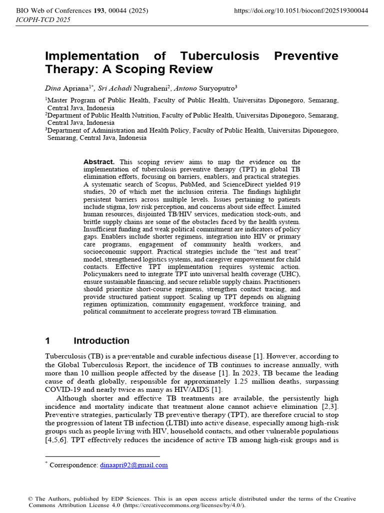 Implementation of Tuberculosis Preventive Therapy a Scoping Review (2 ...