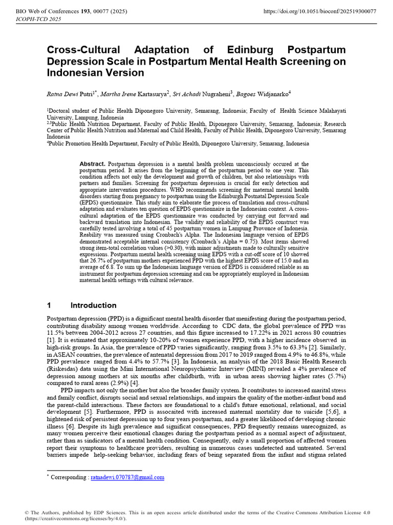 Cross-Cultural Adaptation of Edinburg Postpartum Depression Scale in ...