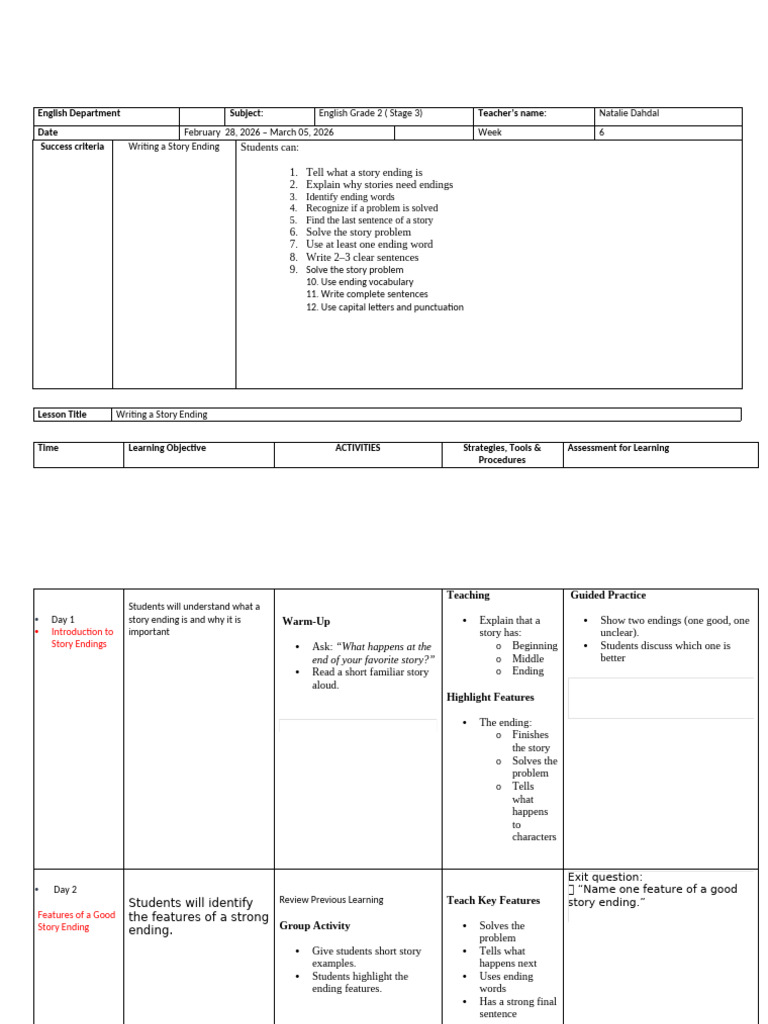 STP Weekly Plan Term 2 Week 6 | PDF