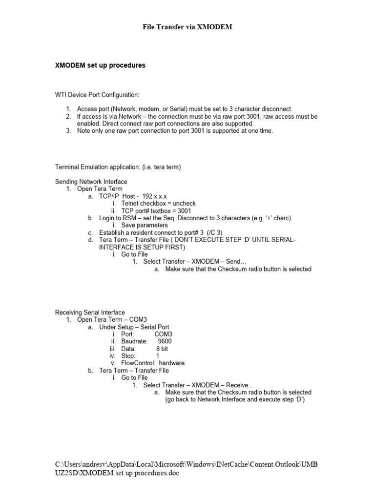 XMODEM Set Up Procedures | PDF