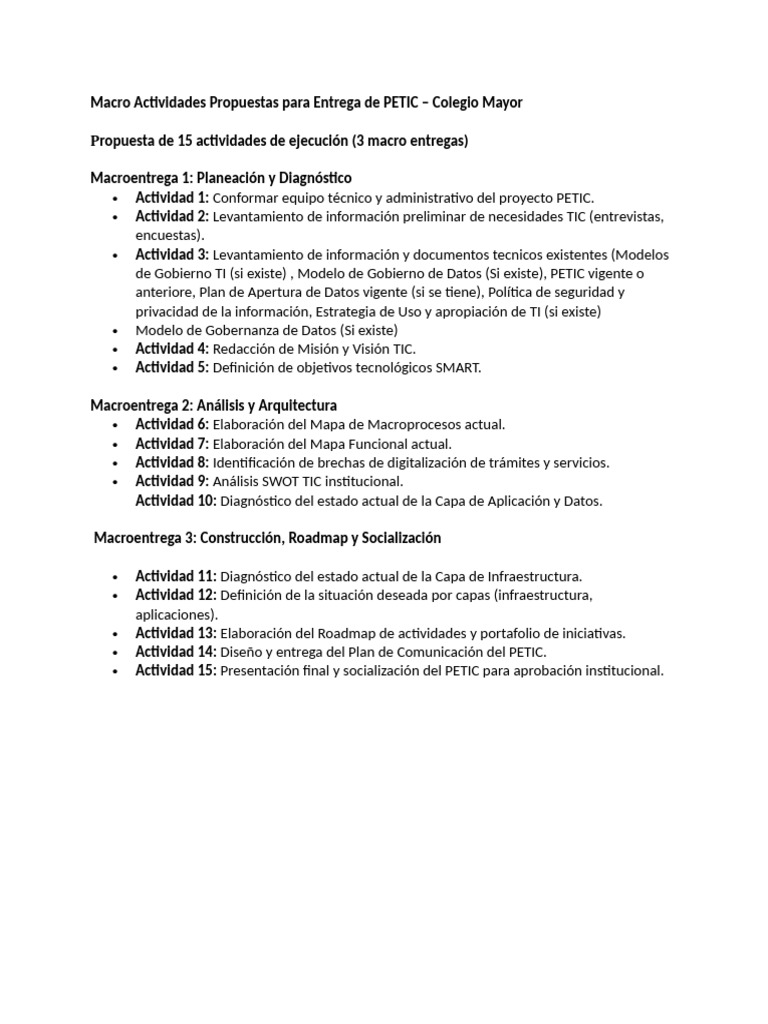 Macro Actividades Propuestas para Entrega de PETIC | PDF