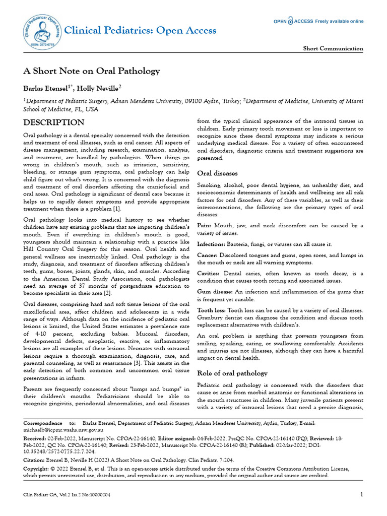 A Short Note On Oral Pathology | PDF | Pathology | Dentistry