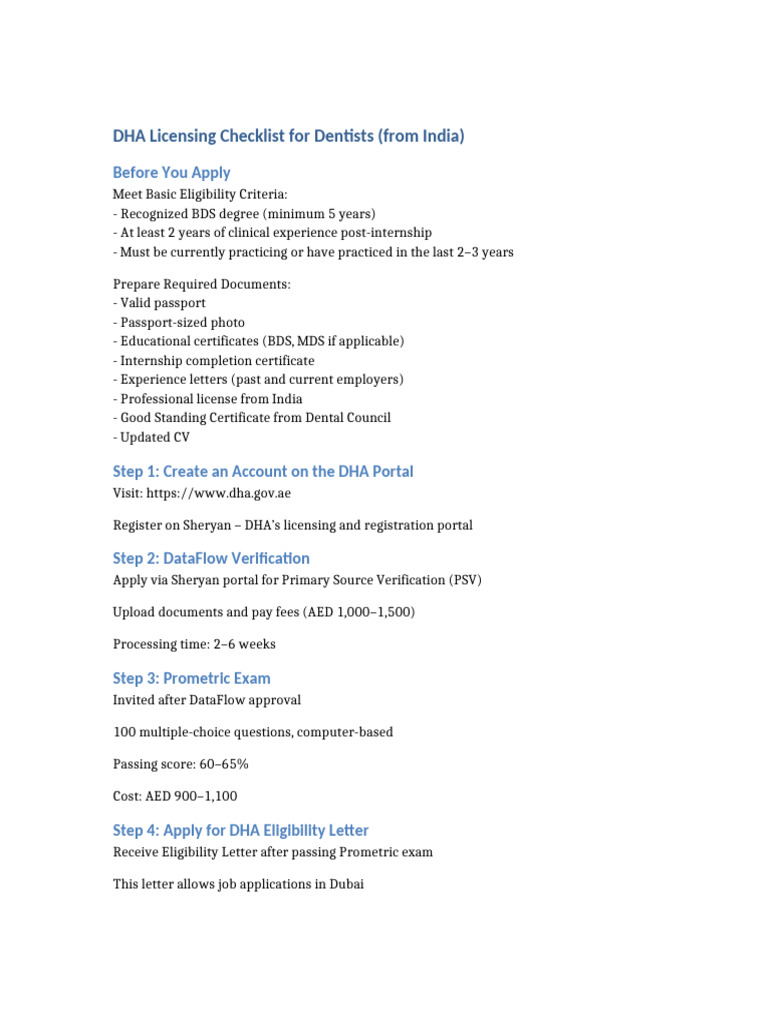DHA Licensing Checklist Dentists India | PDF