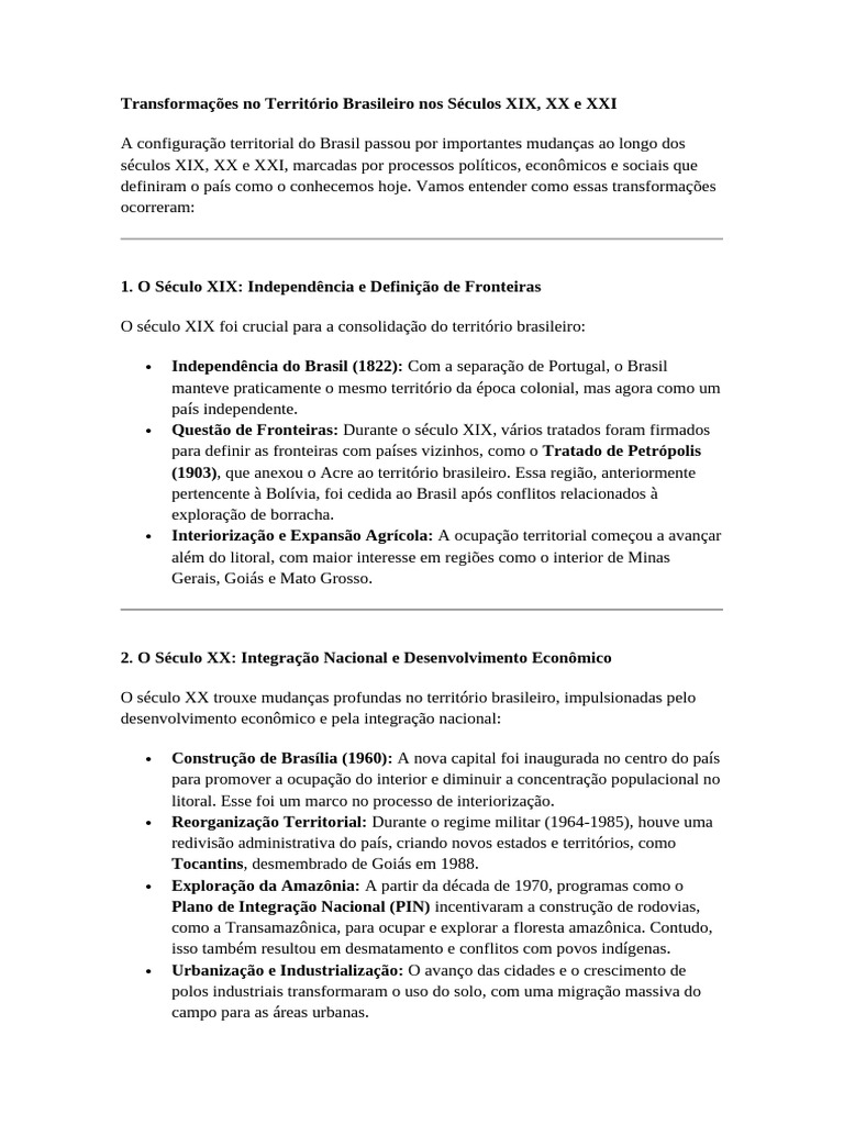 Transformações No Território Brasileiro Nos Séculos XIX Resumo Quadro ...