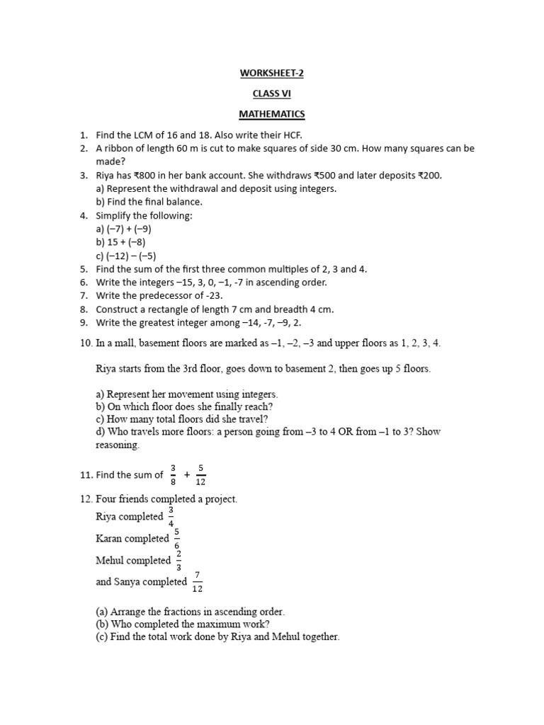 ClassVI Maths Worksheet 2 | PDF