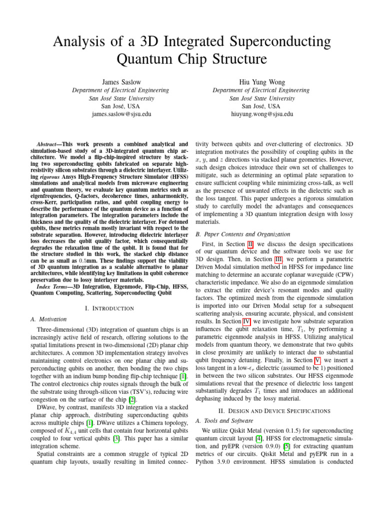 Analysis of A 3D Integrated Superconducting Quantum Chip Structure ...