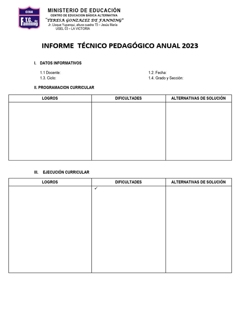 Informe Tecnico Pedagogico Anual Formato - Eba - 2023 | PDF | Educación ...
