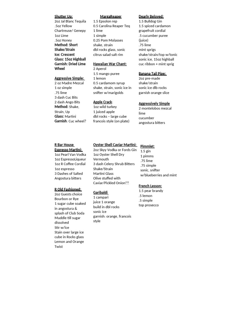 Standard Cocktails For R Bar | PDF | Martini (Cocktail) | Mixed Drinks