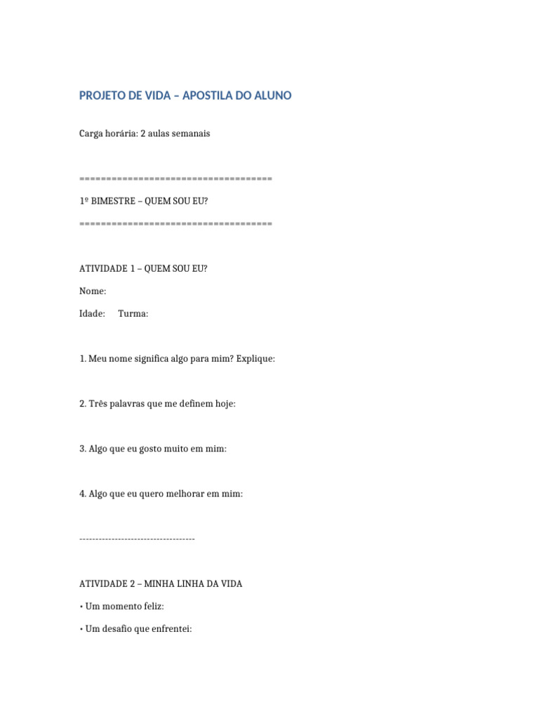 Apostila Projeto de Vida | PDF | Música gravada | Álbuns