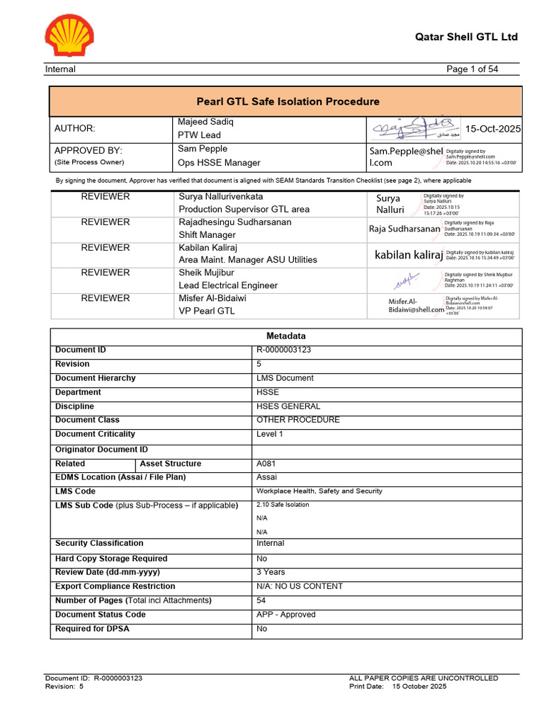 R-0000003123Rev5 -Pearl GTL Safe Isolation Procedure | PDF | Safety