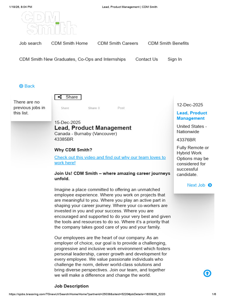 Job Description - Lead, Product Management - CDM Smith | PDF ...