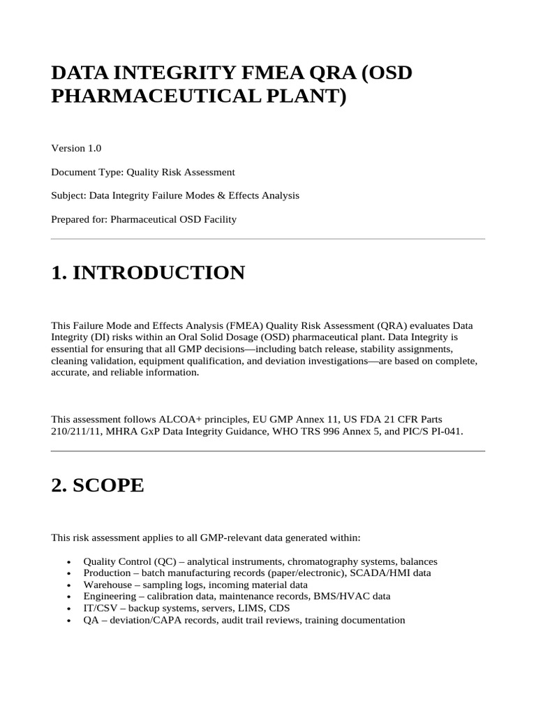 Data Integrity Fmea Qra (Osd Pharmaceutical Plant) | PDF