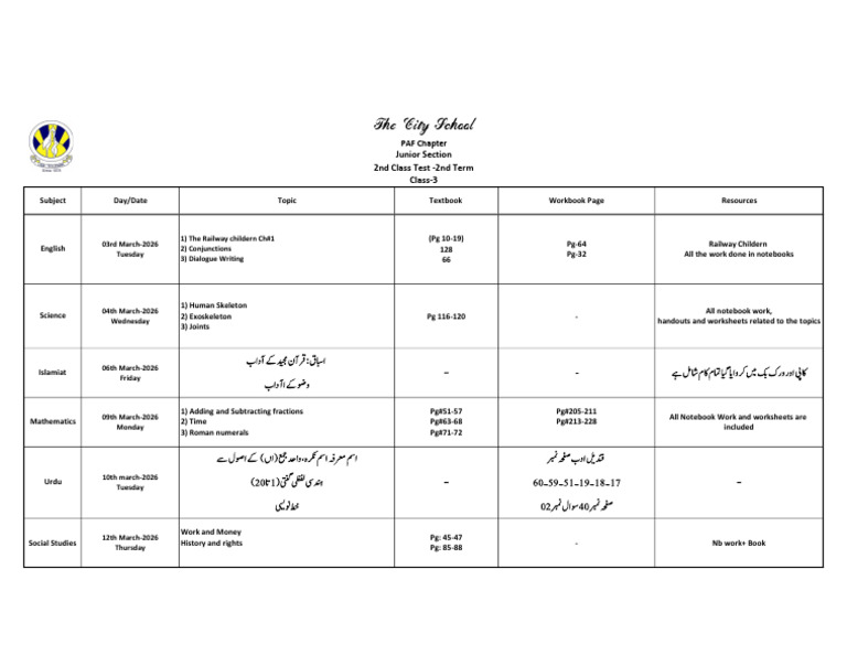 Class-3 (2nd Test Time Table) | PDF