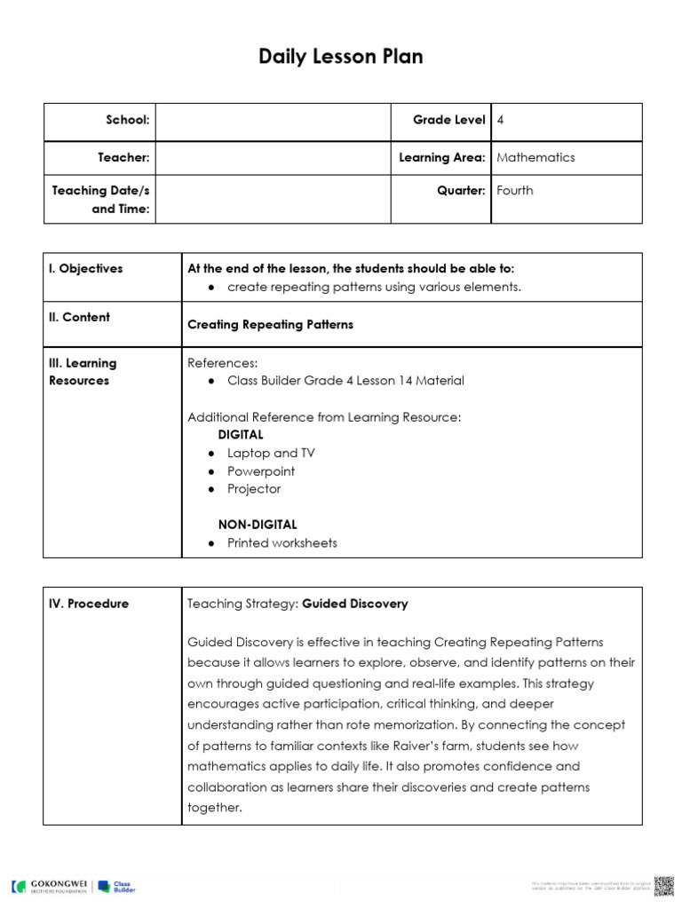 M4Q4L14 Lesson Plan - Creating Repeating Patterns | PDF | Lesson Plan ...