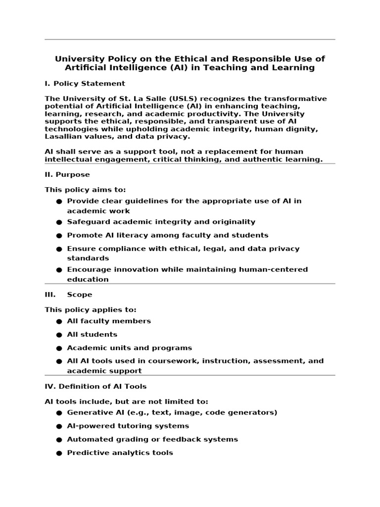 University Policy On The Ethical and Responsible Use of Artificial ...