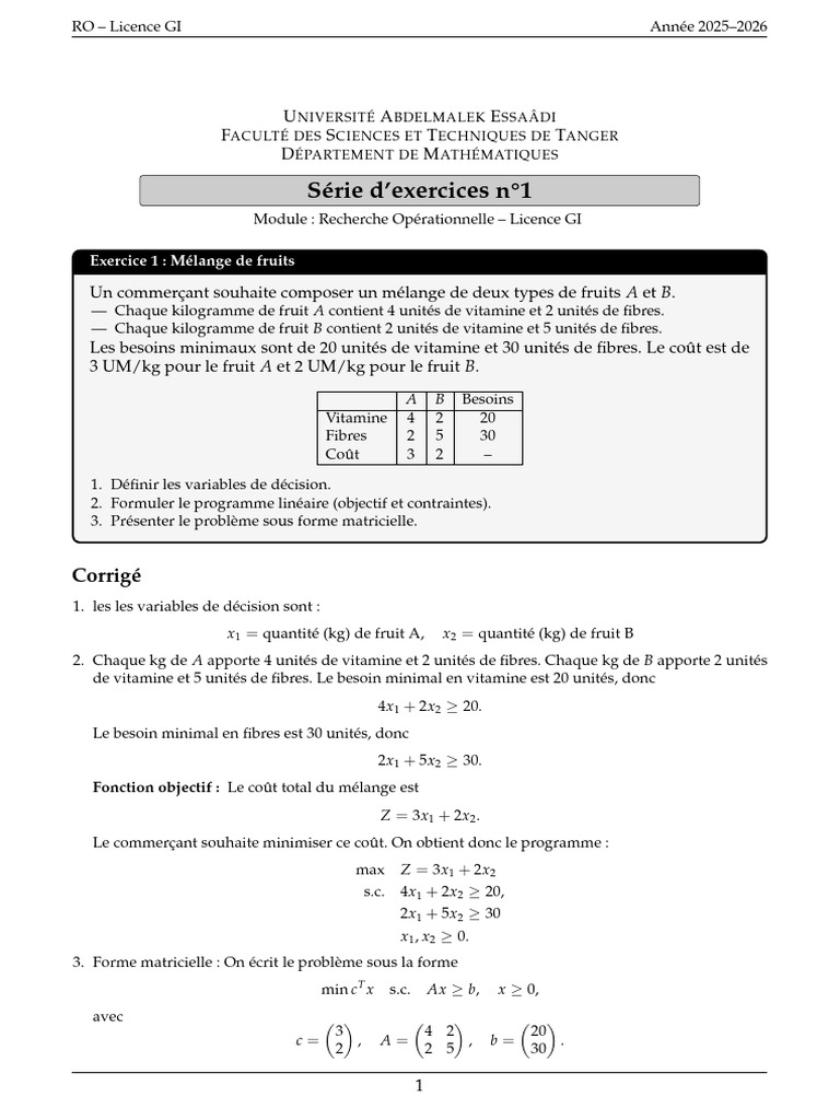 Corrigé TD1 25 26 | PDF | Optimisation linéaire | Mathématiques appliqués