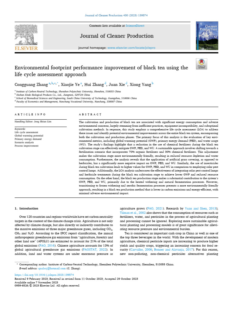 Environmental footprint performance improvement of black tea using the ...