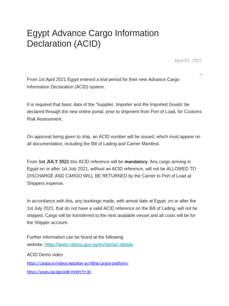 Egypt Advance Cargo Information Declaration | PDF | Cargo | Bill Of Lading