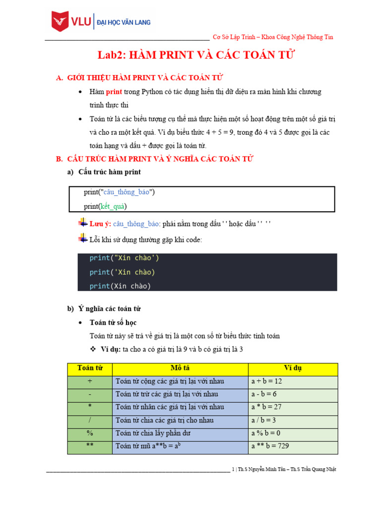 Lab - 2 Hàm Print Và Toán T | PDF