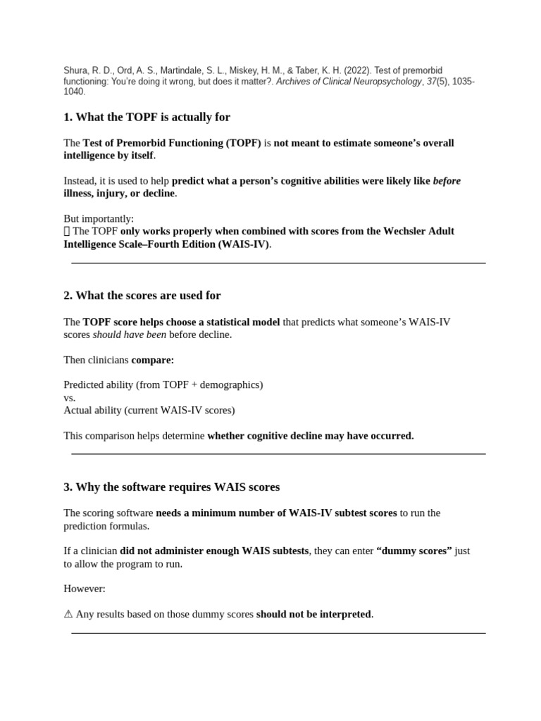 Premorbid Functioning Notes | PDF | Wechsler Adult Intelligence Scale ...