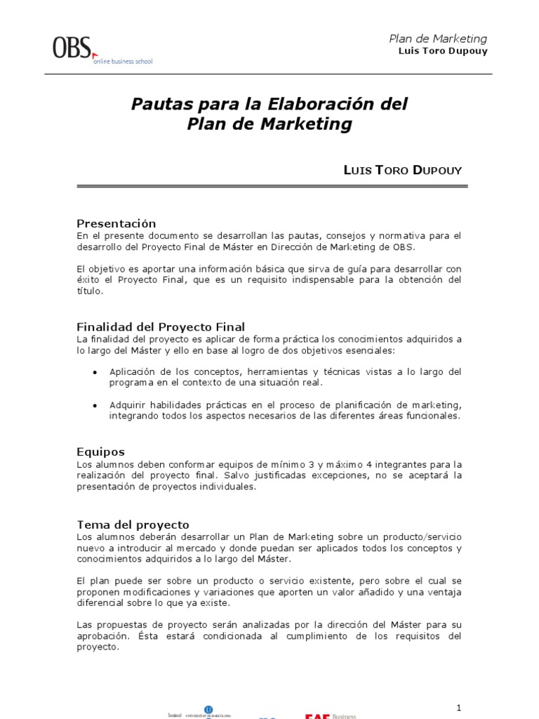 Pautas para La Elaboración Del Plan de Marketing - PDF EAE | PDF ...