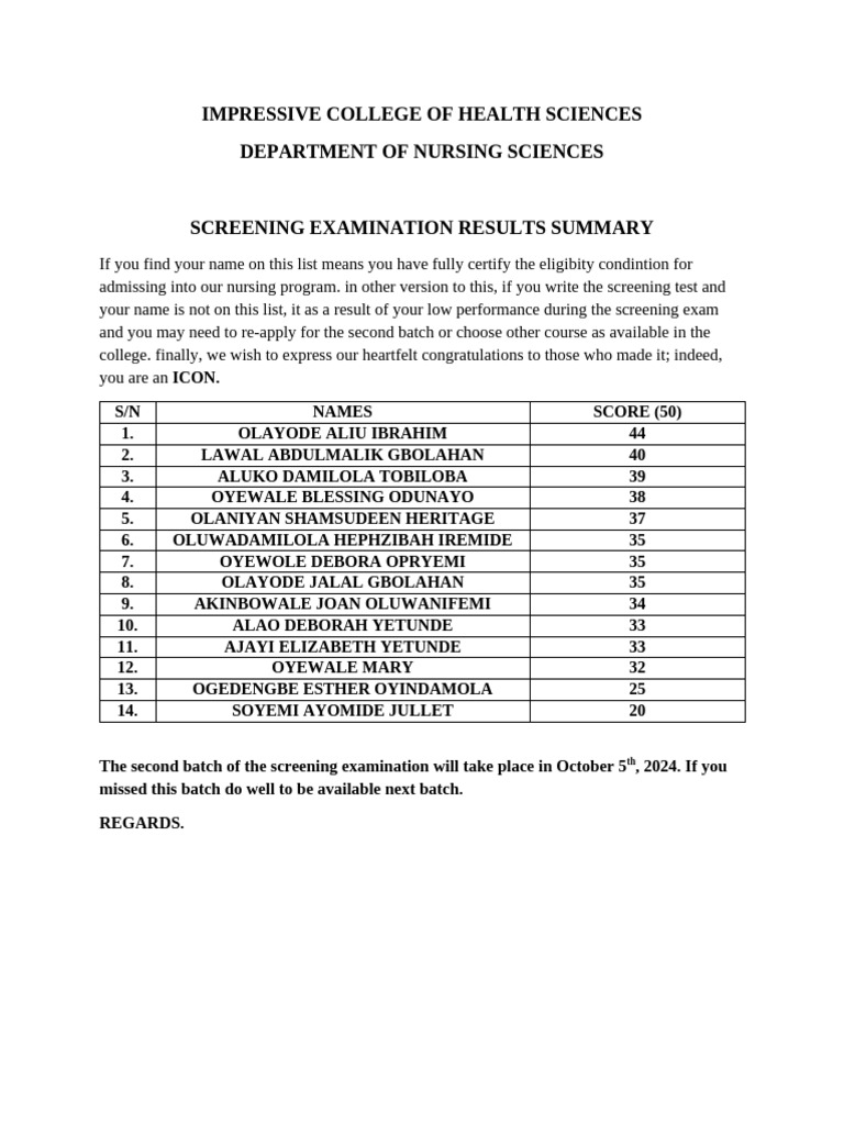 Screening Examination Results Summary | PDF