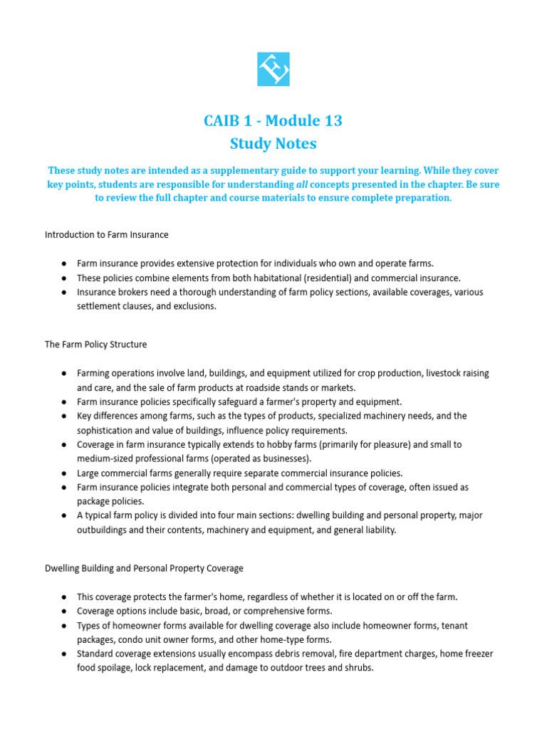 CAIB 1 - Module 13 - Study Notes | PDF | Liability Insurance | Insurance