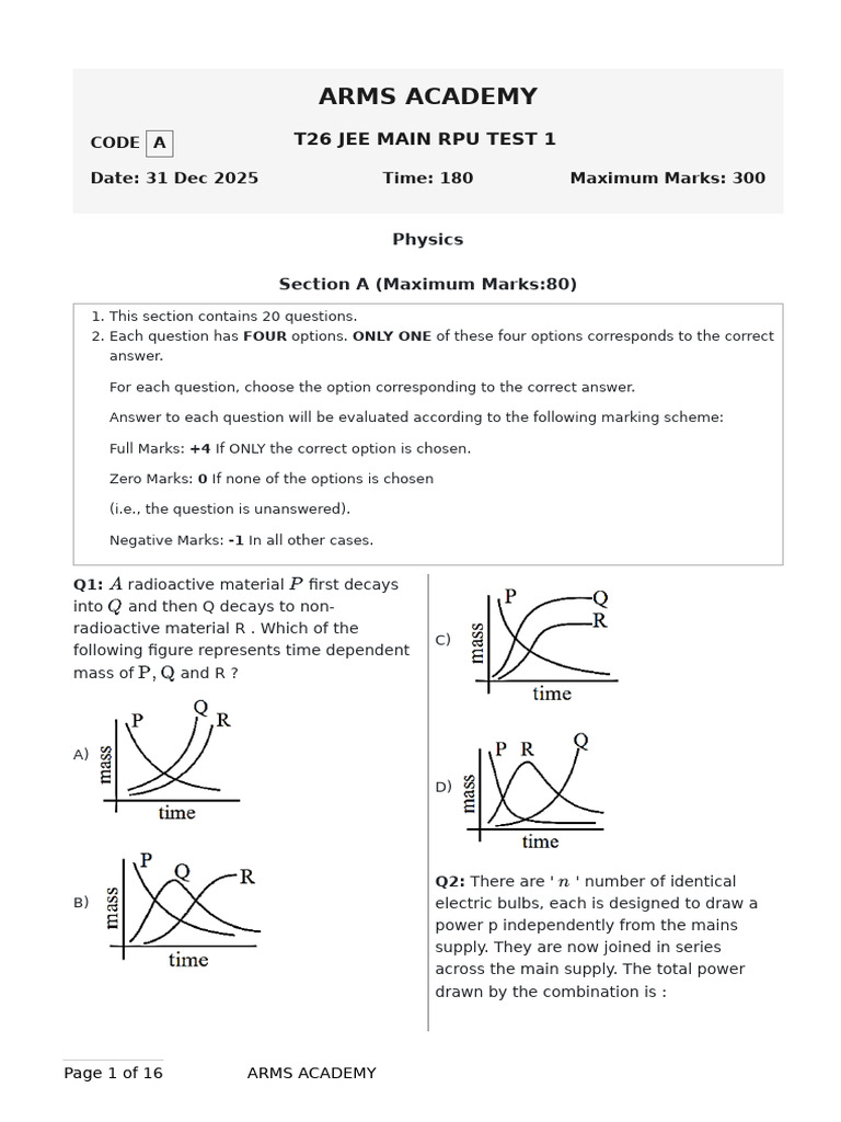 t26 Jee Main Rpu Test 1 (31 Dec 2025) | PDF | Magnetic Field | Capacitor