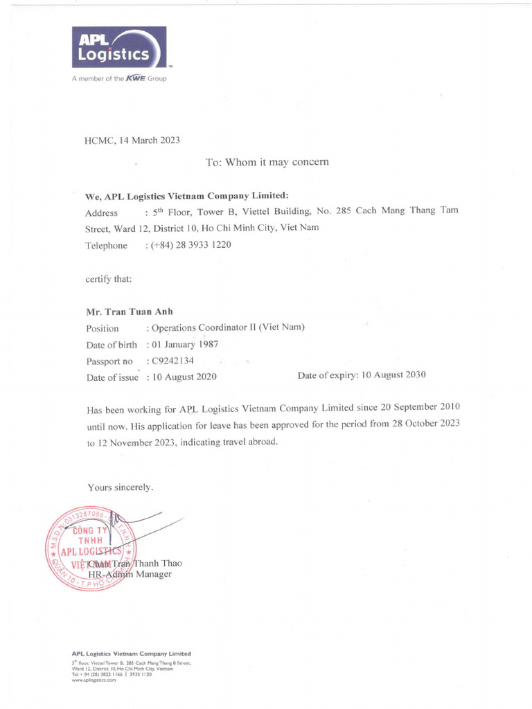 Leave Confirmation - Tran Tuan Anh | PDF