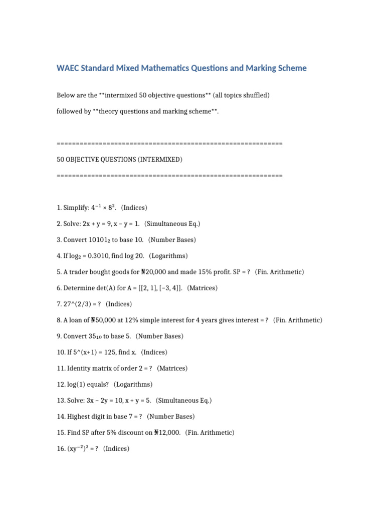 WAEC Mixed Math Questions and Scheme | PDF