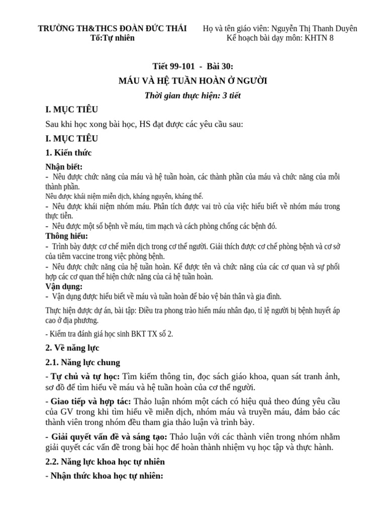 Bài 30. Máu Và Hệ Tuần Hoàn ở Người | PDF