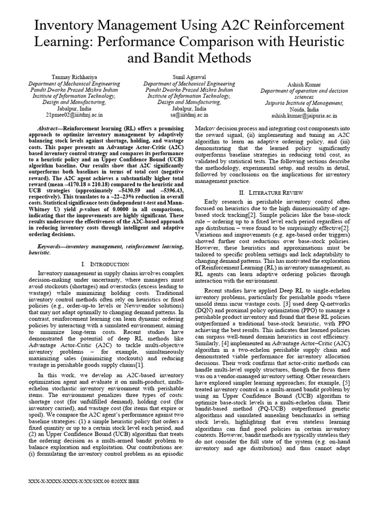 Inv MGMT Using A2C Reinforcement Learning - Performance Comparison With ...
