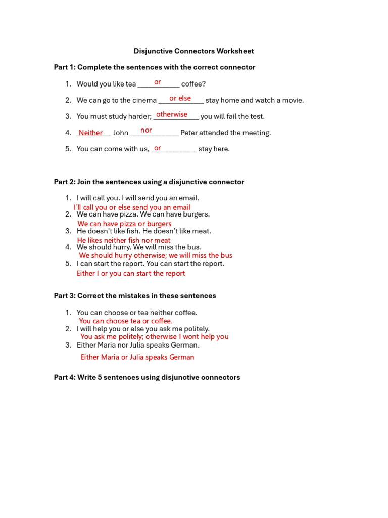 Disjunctive Connectors Worksheet | PDF
