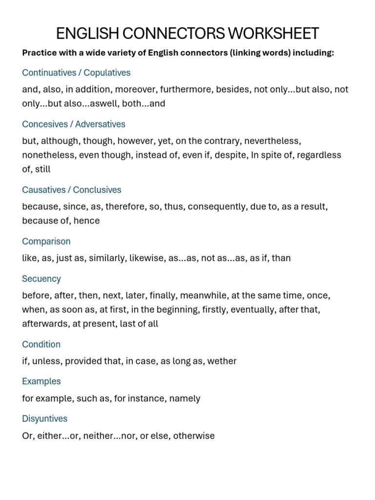 English Connectors Worksheet. Summarize | PDF