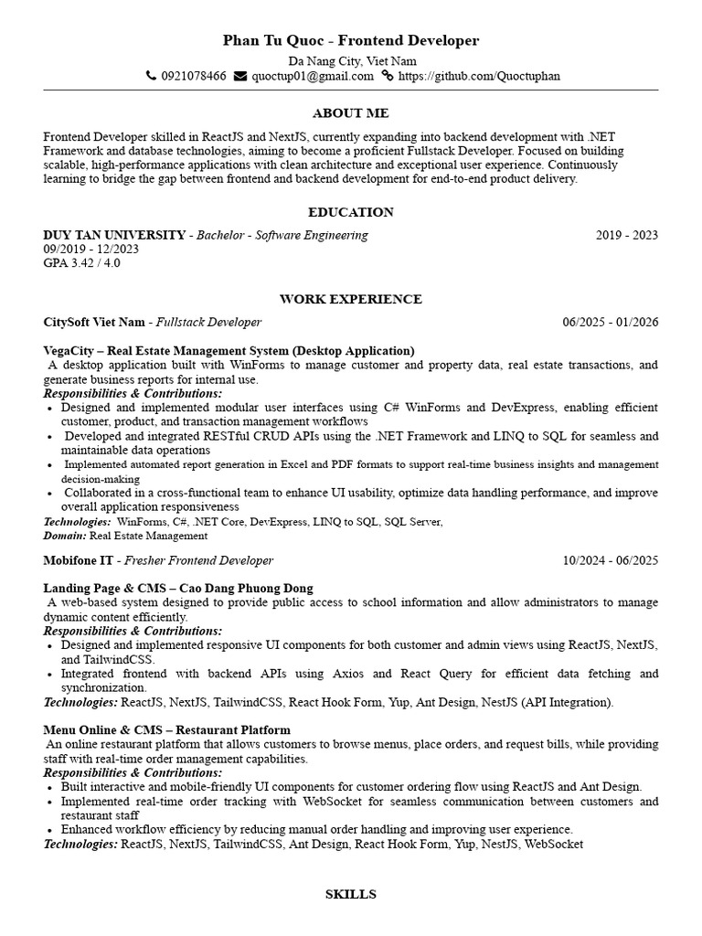 CV Phan Tu Quoc FE Developer | PDF | Language Integrated Query ...