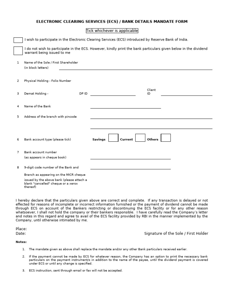 Electronic Clearing Services (Ecs) / Bank Details Mandate Form | PDF