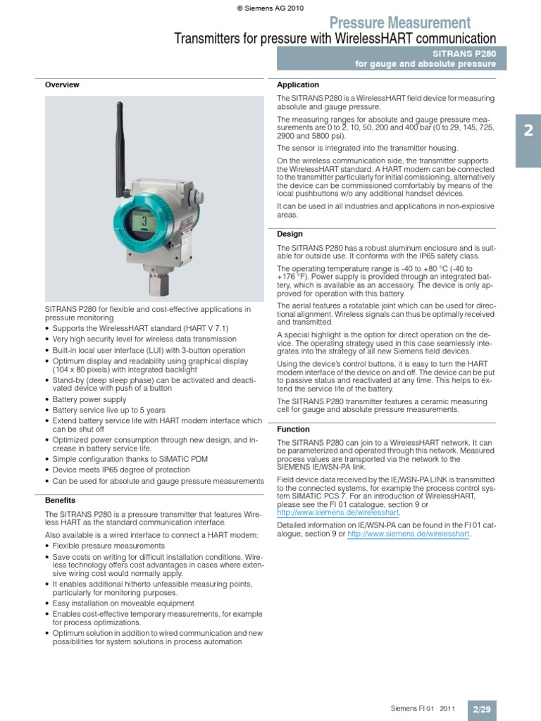 Siemens P280 Datasheet | PDF | Pressure Measurement | Pascal (Unit)