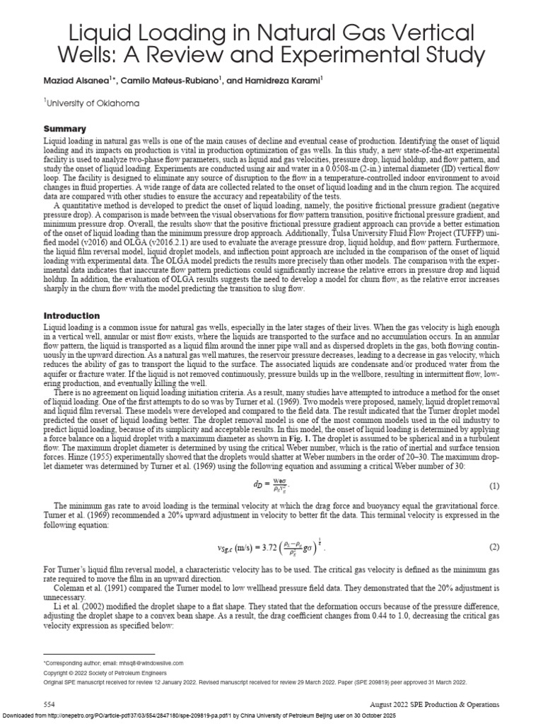Liquid Loading in Natural Gas Vertical Wells A Review and Experimental ...