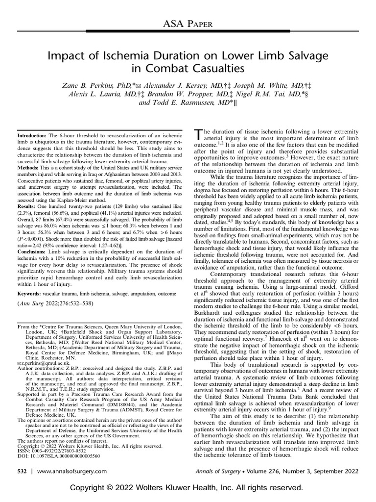 Impact of Ischemia Duration On Lower Limb Salvage in Combat Casualties ...
