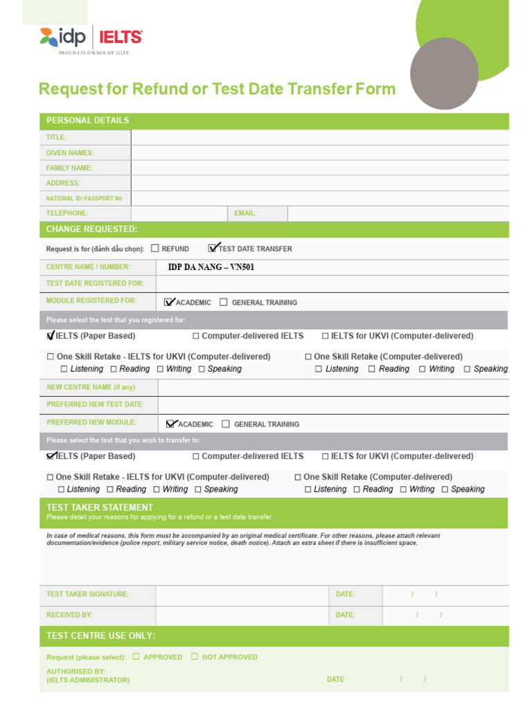IELTS Request Refund Test Date Transfer Form | PDF | International ...