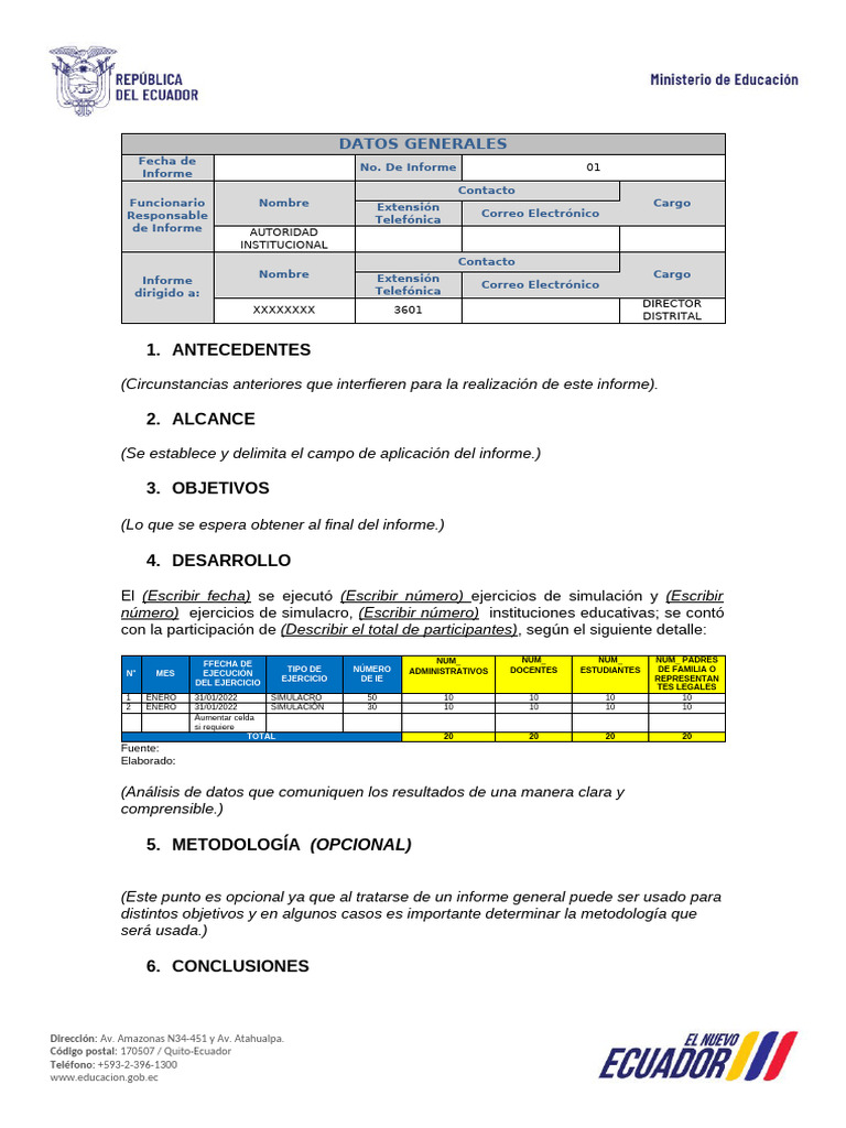 001 Formato Informe Simulacro | PDF