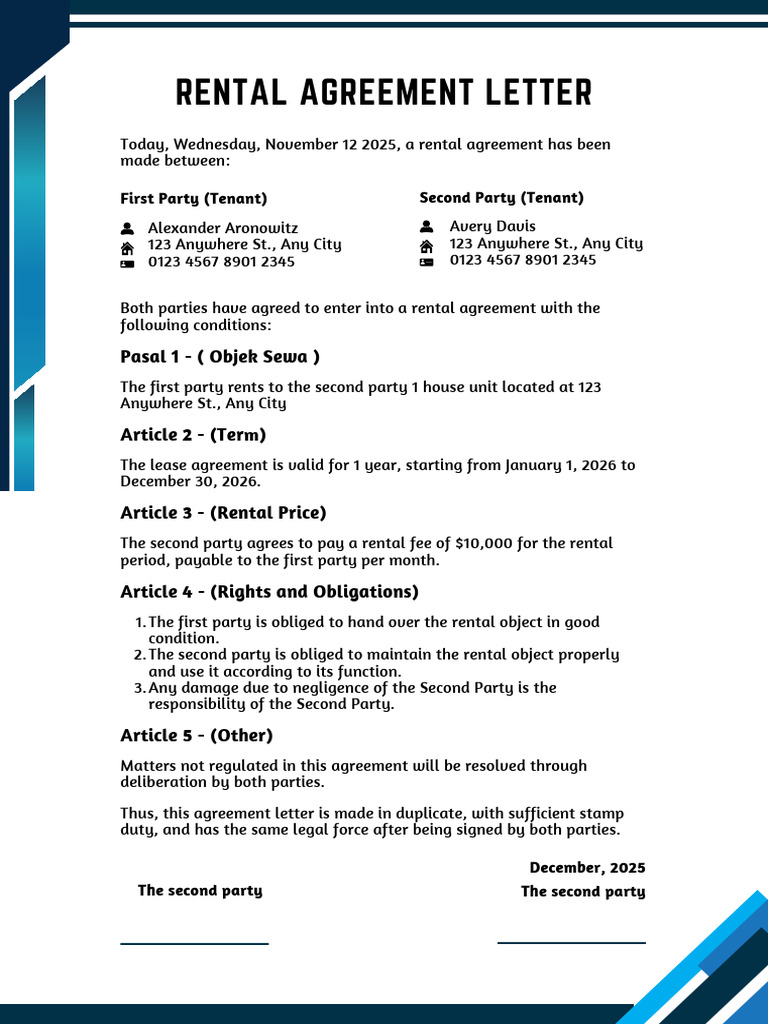 Blue White and Black Simple Rental Agreement Letter A4 | PDF