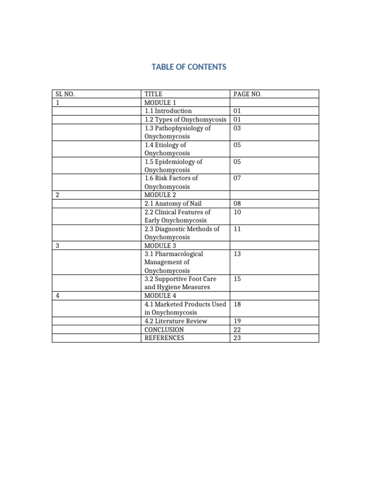 Onychomycosis Table of Contents Protocol | PDF