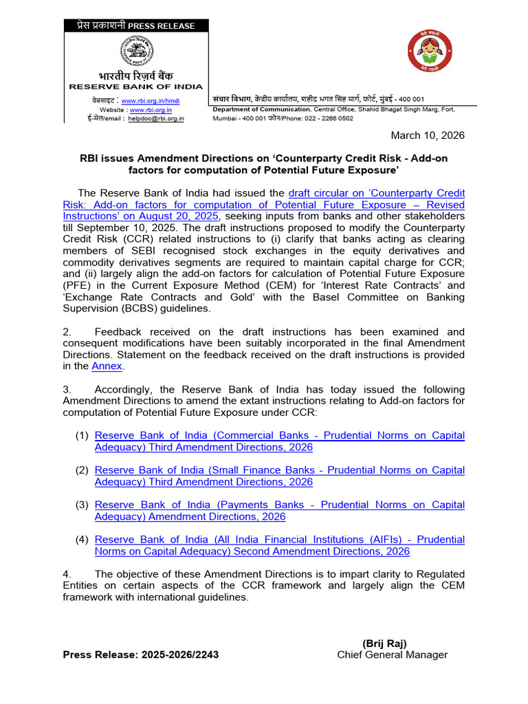 PR2243 Counterparty Credit Risk | PDF | Reserve Bank Of India ...