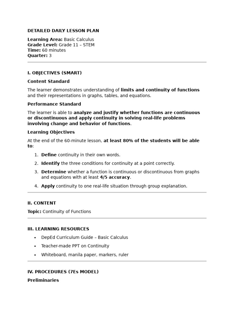Detailed Daily Lesson Plan | PDF | Continuous Function | Function ...