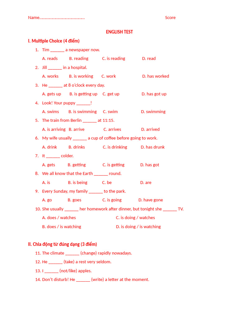 ENGLISH TEST Thi Hien Tai Don Va Hien Tai Tiep Dien | PDF | Chess ...
