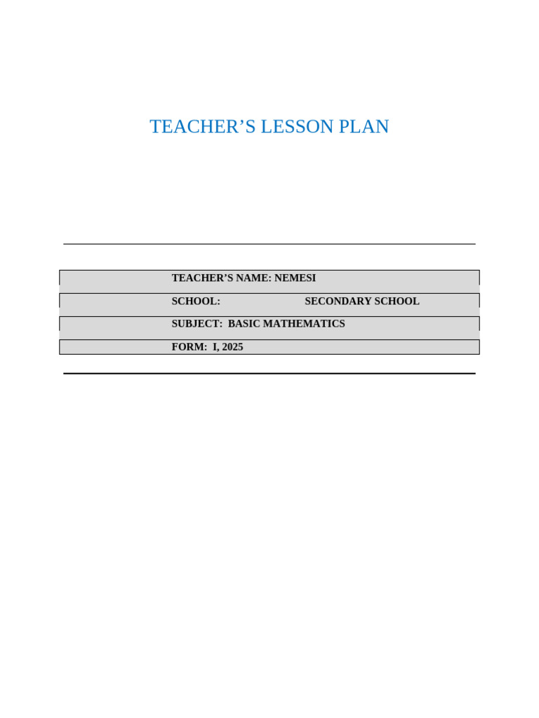 MATH LESSON PLAN Forn One-2025 True True | PDF | Teachers | Lesson Plan