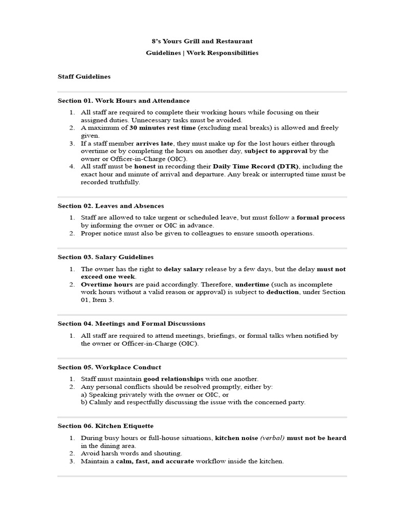 Resto Guidelines and Responsibility | PDF | Restaurants | Occupational ...
