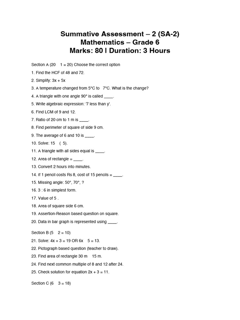 Summative Assessment-2 MATHS - SET-5 QUES Grade 6 | PDF